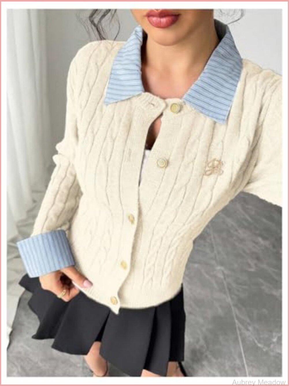 Cropped Collared Cable Knit Cardigan Button Down Long Sleeve Preppy Fall - Picture 4 of 5